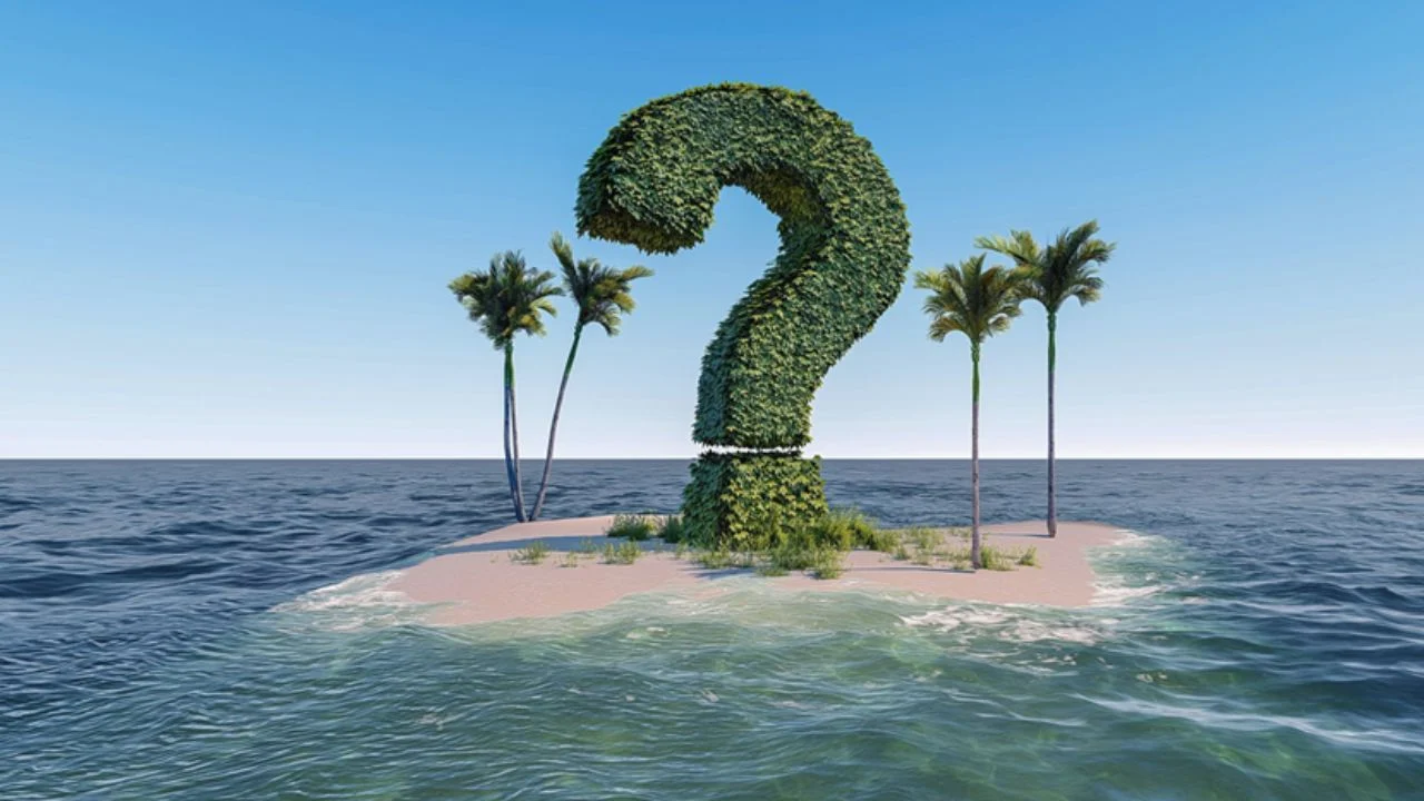 Question mark sitting on an island in the middle of the ocean